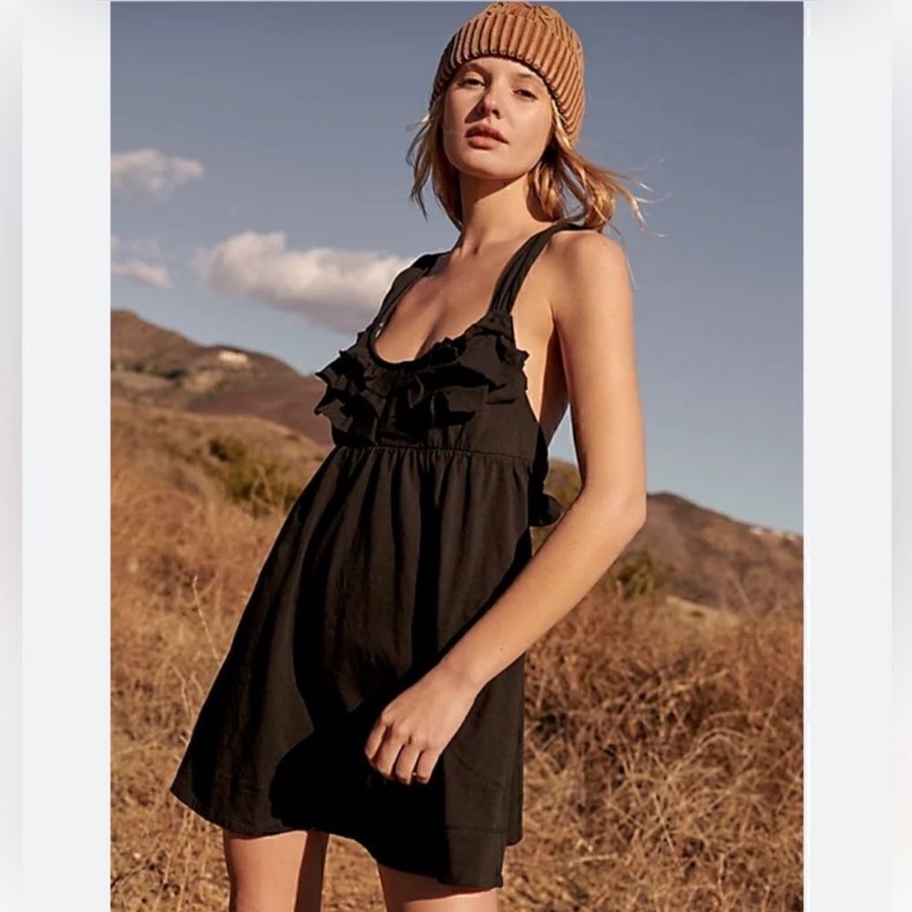 NWOT Free People Beach The Valley Mini Babydoll Dress Black S Cotton Tie Ruffle - Picture 16 of 16